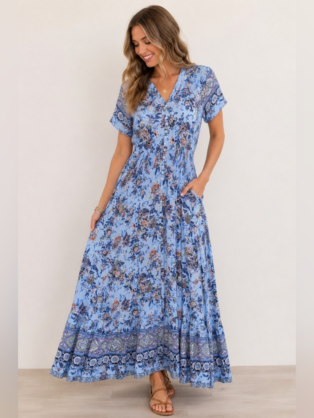 The Pyramid Collection Blue Floral Paisley Button Front Boho Maxi Dress Size M